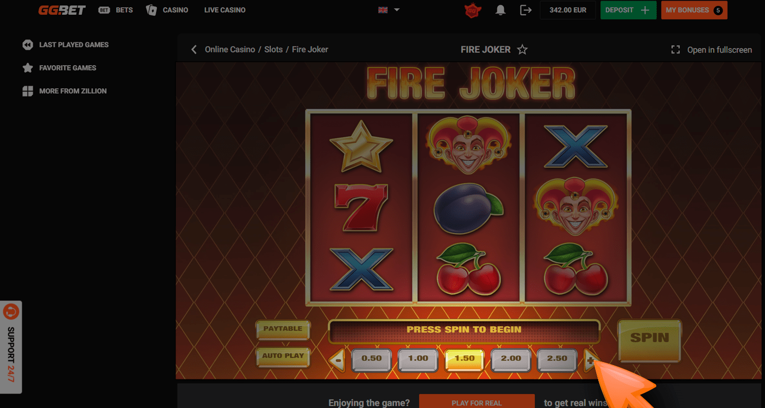 Pasirinkite statymo dydį žaidime „Fire Joker“ Lietuvos kazino svetainėje
