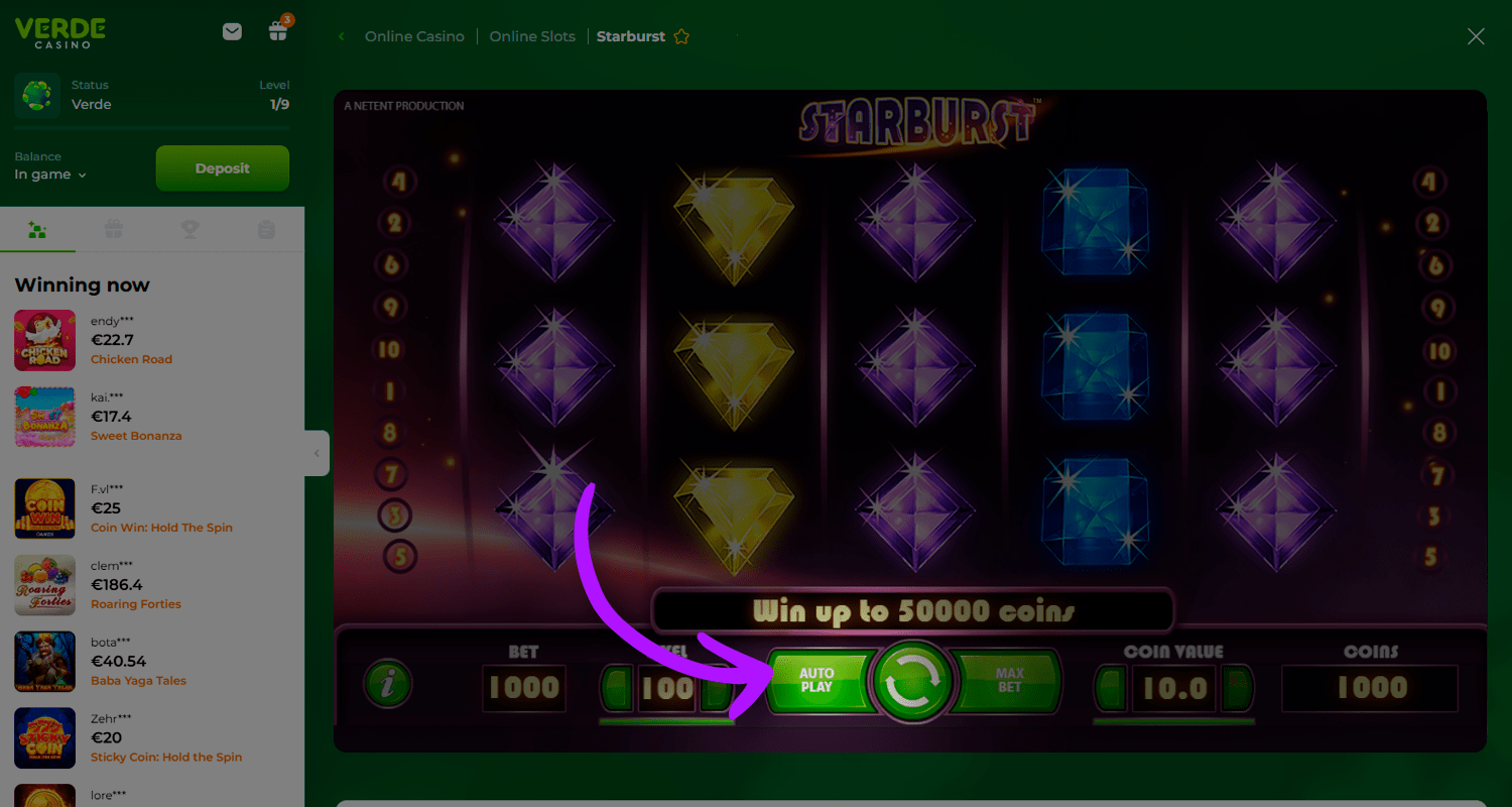 Paspauskite sukimo mygtuką žaidime „Starburst“