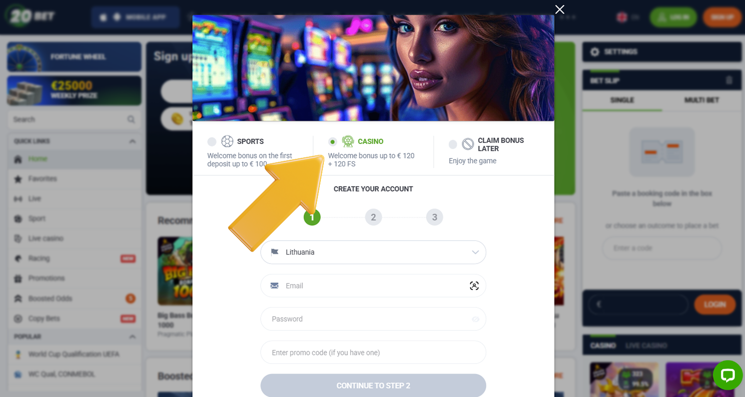 Pasirinkite 20Bet premijos tipą