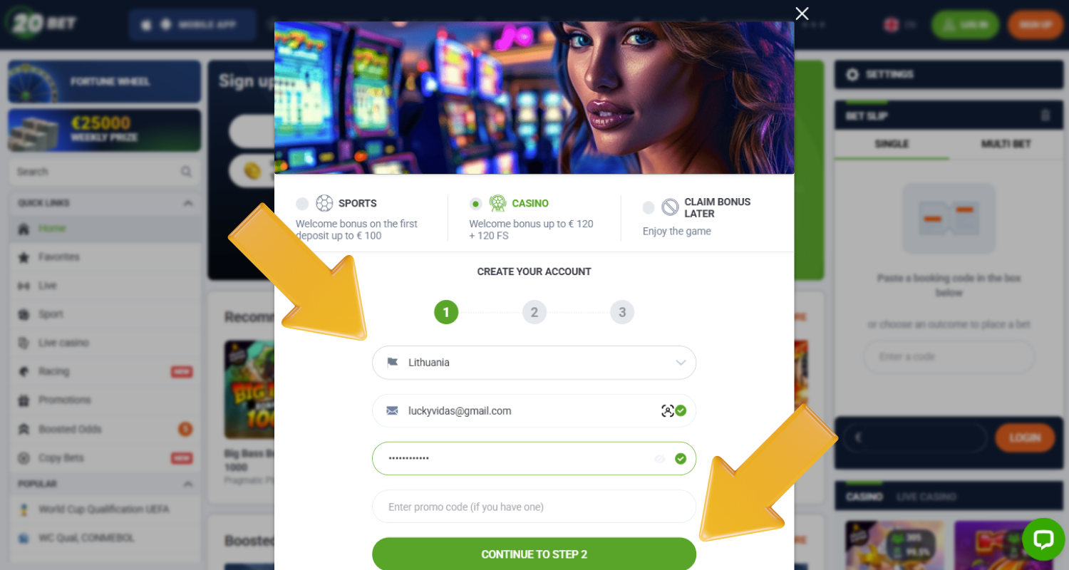 Įveskite savo pradinius 20Bet registracijos duomenis