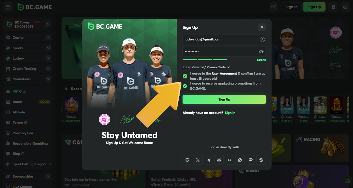 Pažymėkite, kad sutinkate laikytis BC.Game kazino taisyklių