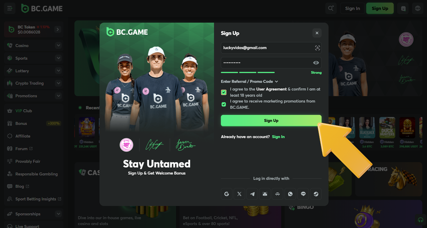 Užsiregistruokite BC.Game paspaudę registracijos mygtuką