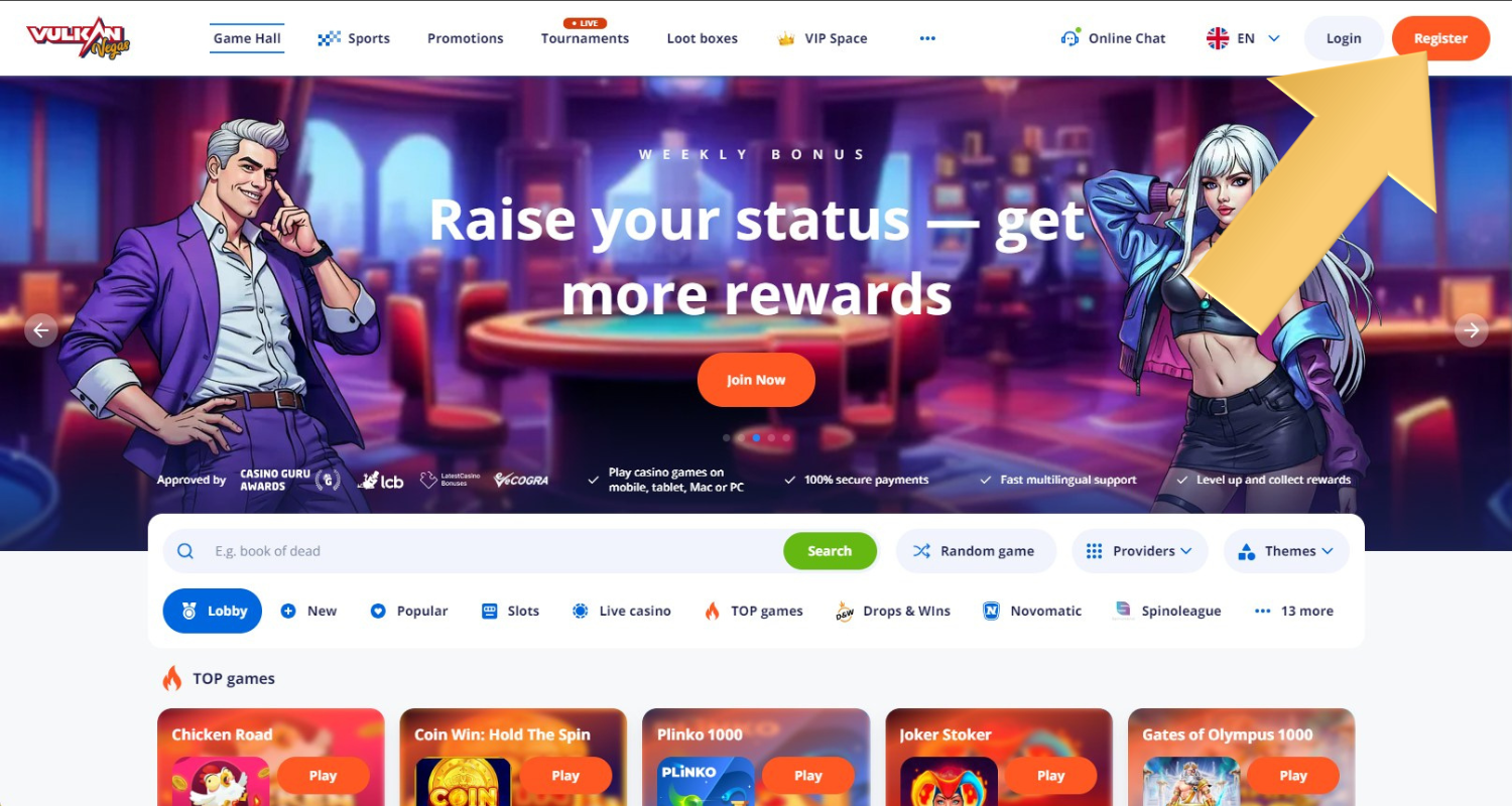 Paspauskite registracijos mygtuką viršutiniame Vulkan Vegas svetainės kampe