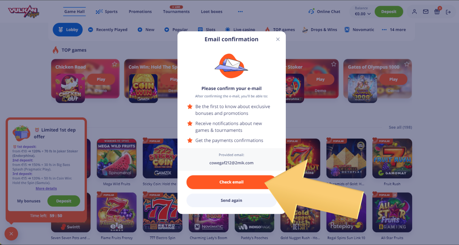 Patvirtinkite savo registraciją Vulkan Vegas kazino paštu