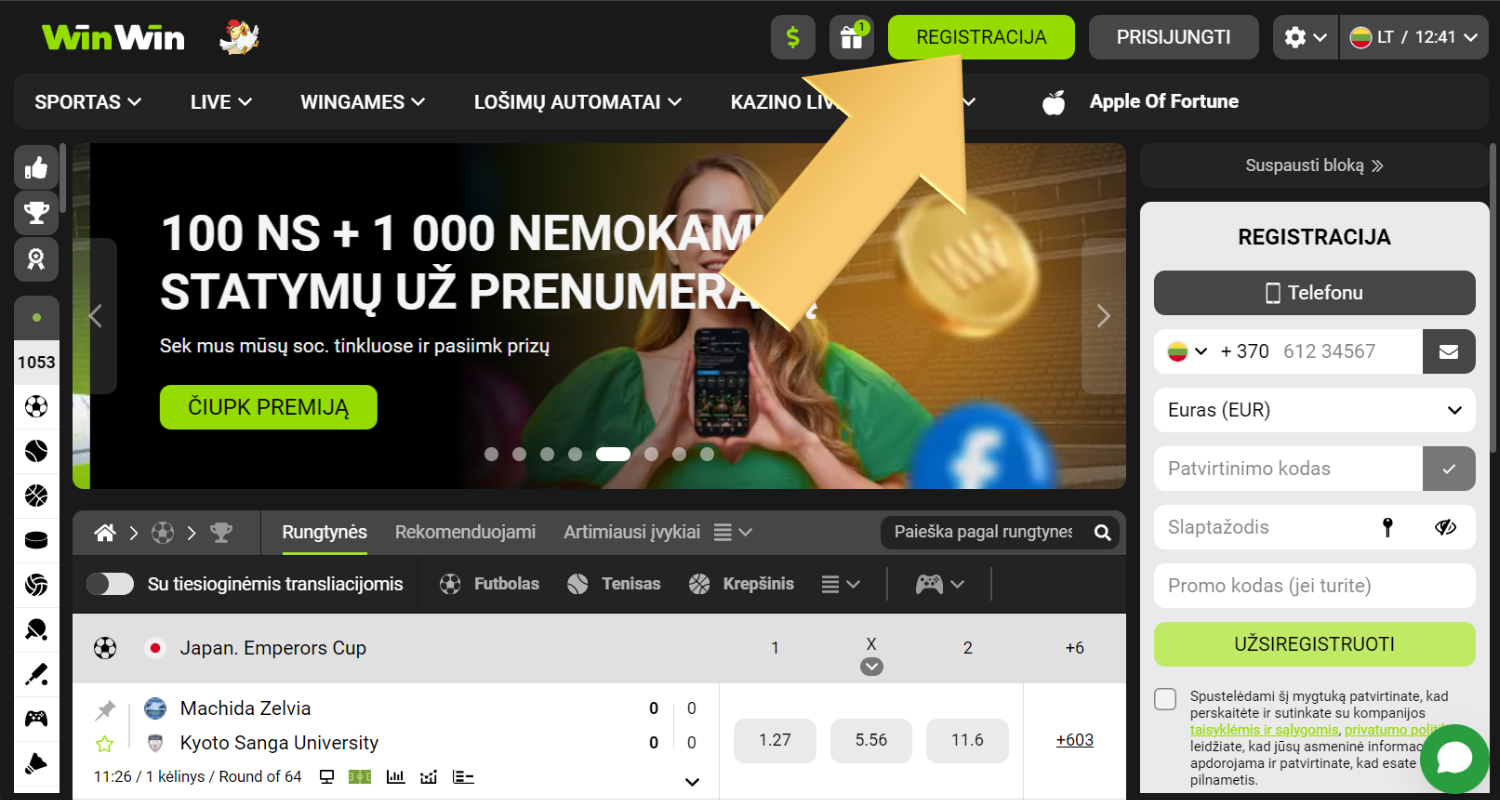 Paspauskite registracijos mygtuką viršutiniame WinWin svetainės kampe