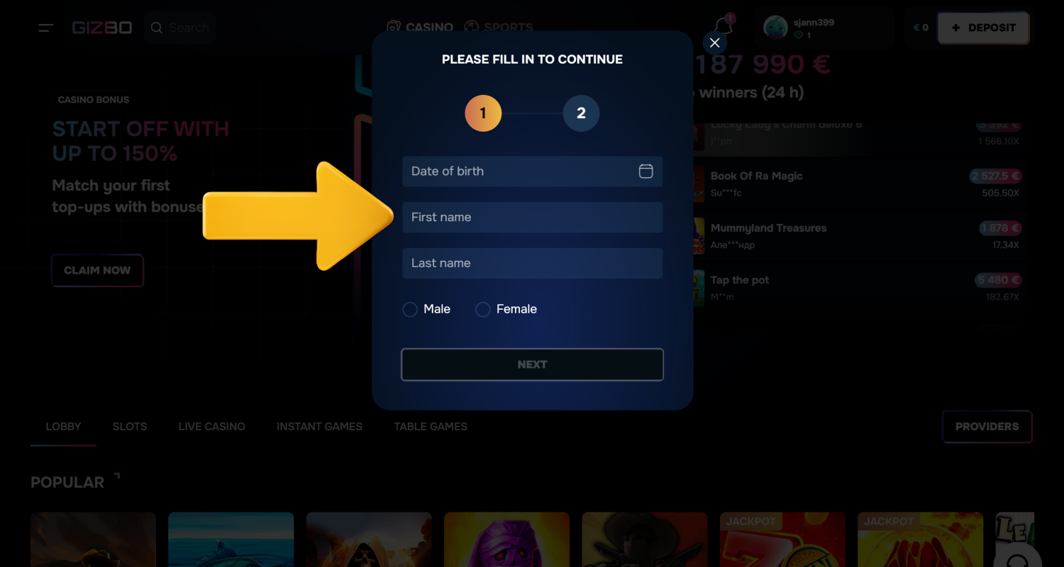 Gizbo Casino Lietuva registracijos formoje įveskite savo vardą, pavardę, gimimo datą ir lytį