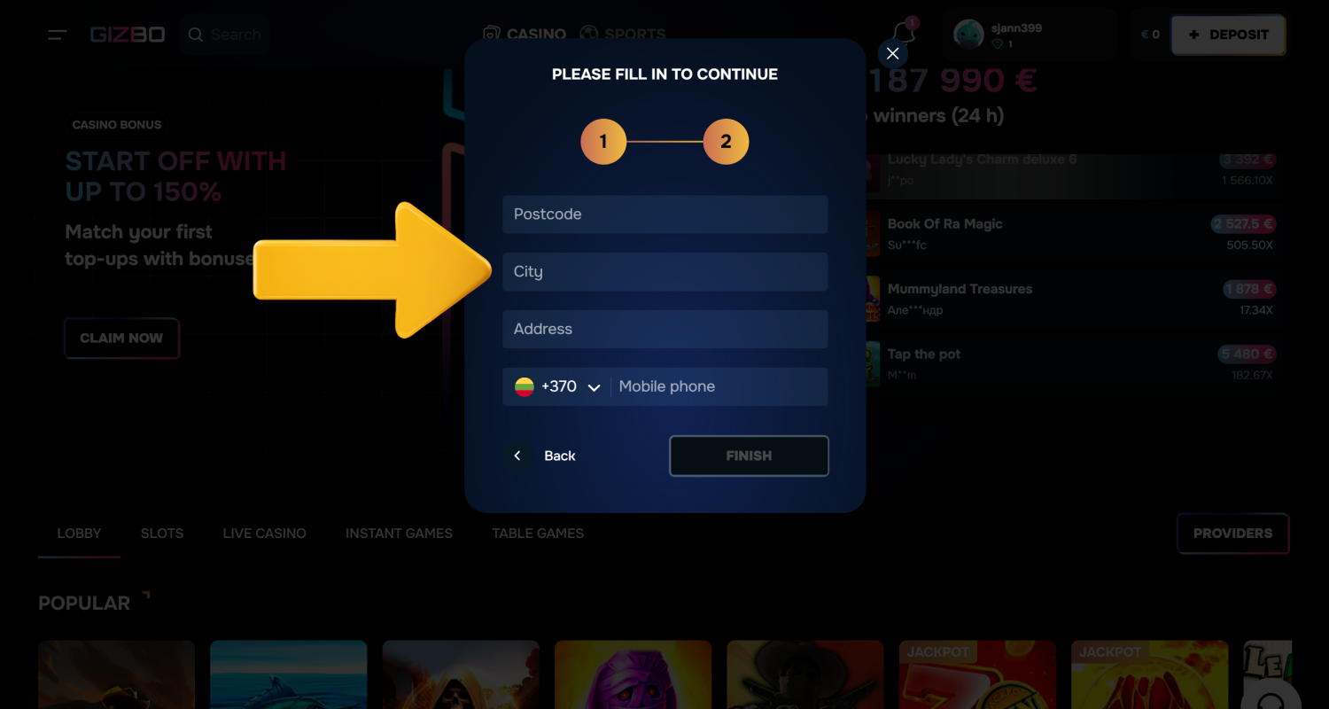 Įveskite savo adresą ir telefono numerį Gizbo Casino Lietuva registracijos formoje
