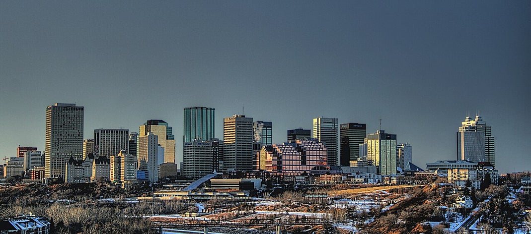 Edmonton Downtown Skyline in Alberta, Canada Panoramic view of downtown Edmonton skyline with high-rise buildings in winter