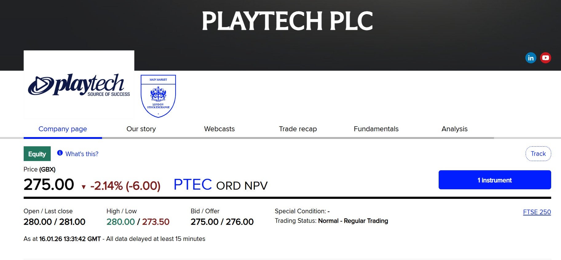 An image of Playtech's share price on 16 Jan 2026