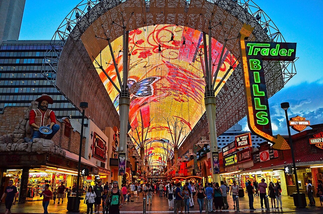 Fremont Street Experience canopy lights and crowds in downtown Las Vegas