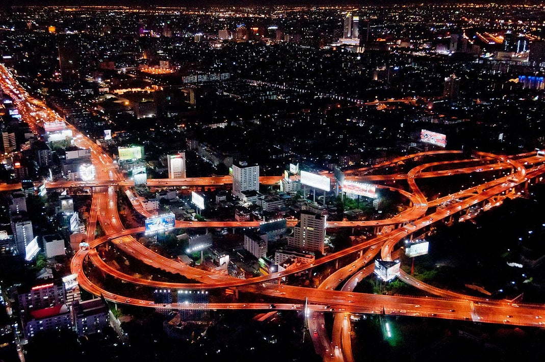 Makkasan Interchange expressway network at night in Bangkok, Thailand