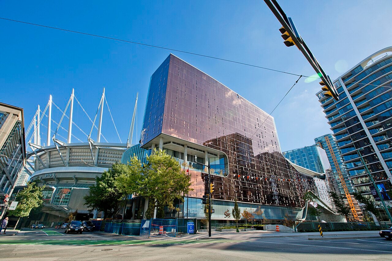 Exterior view of Parq Vancouver casino complex beside BC Place in Vancouver