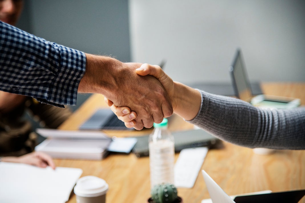 Two business people shaking hands in agreement