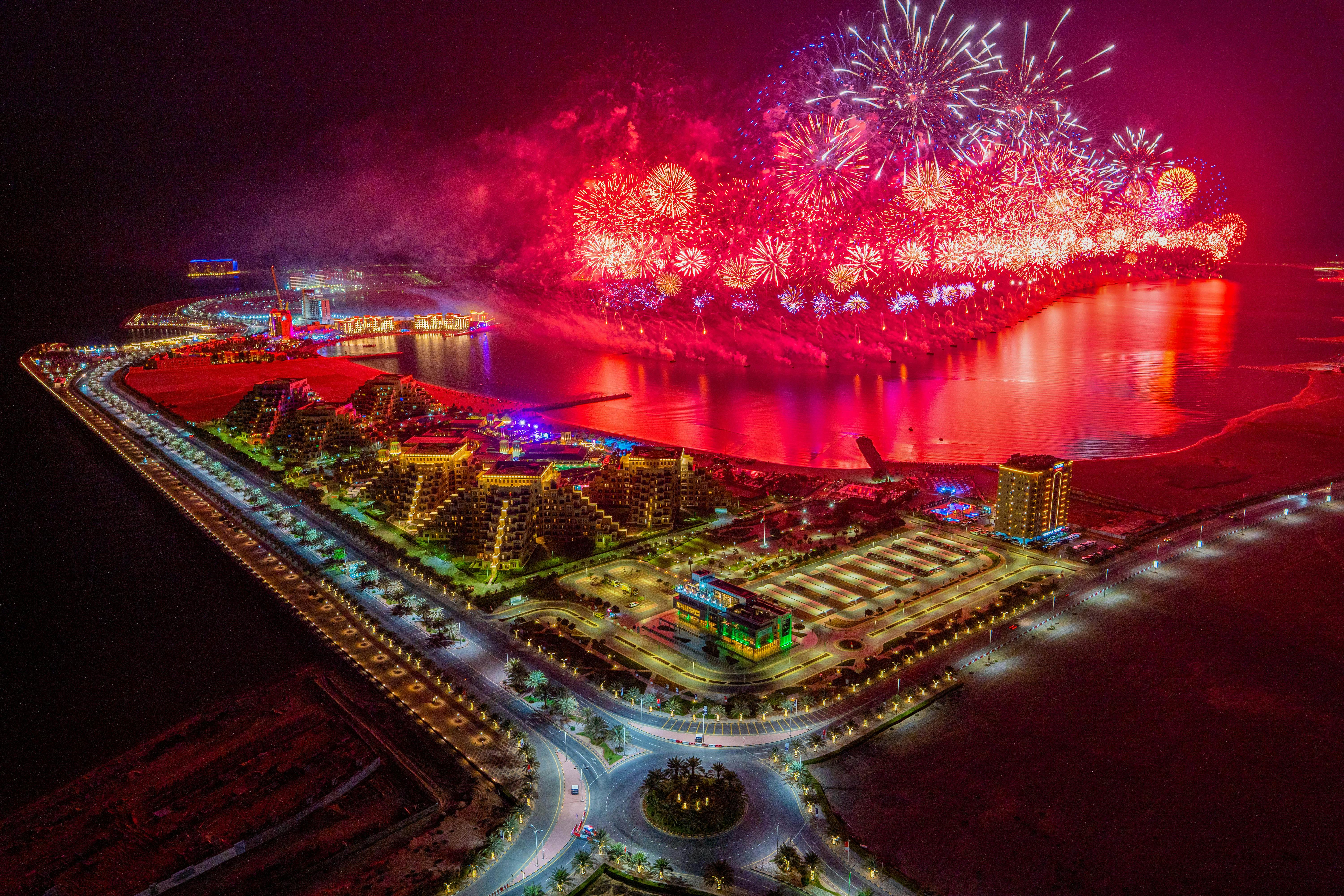 Spectacular fireworks display over Al Marjan Island, Ras Al Khaimah celebrating New Year’s Eve
