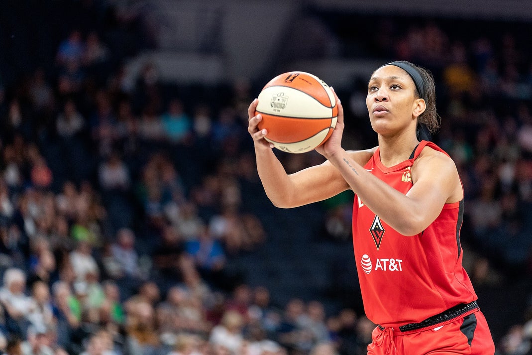 A'ja Wilson of the Las Vegas Aces shooting a foul shot during a WNBA game