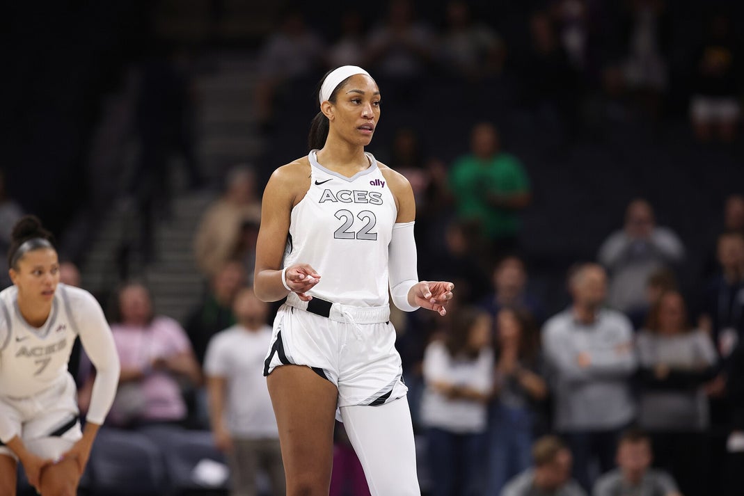 A'ja Wilson wearing number 22 for the Las Vegas Aces during a WNBA game