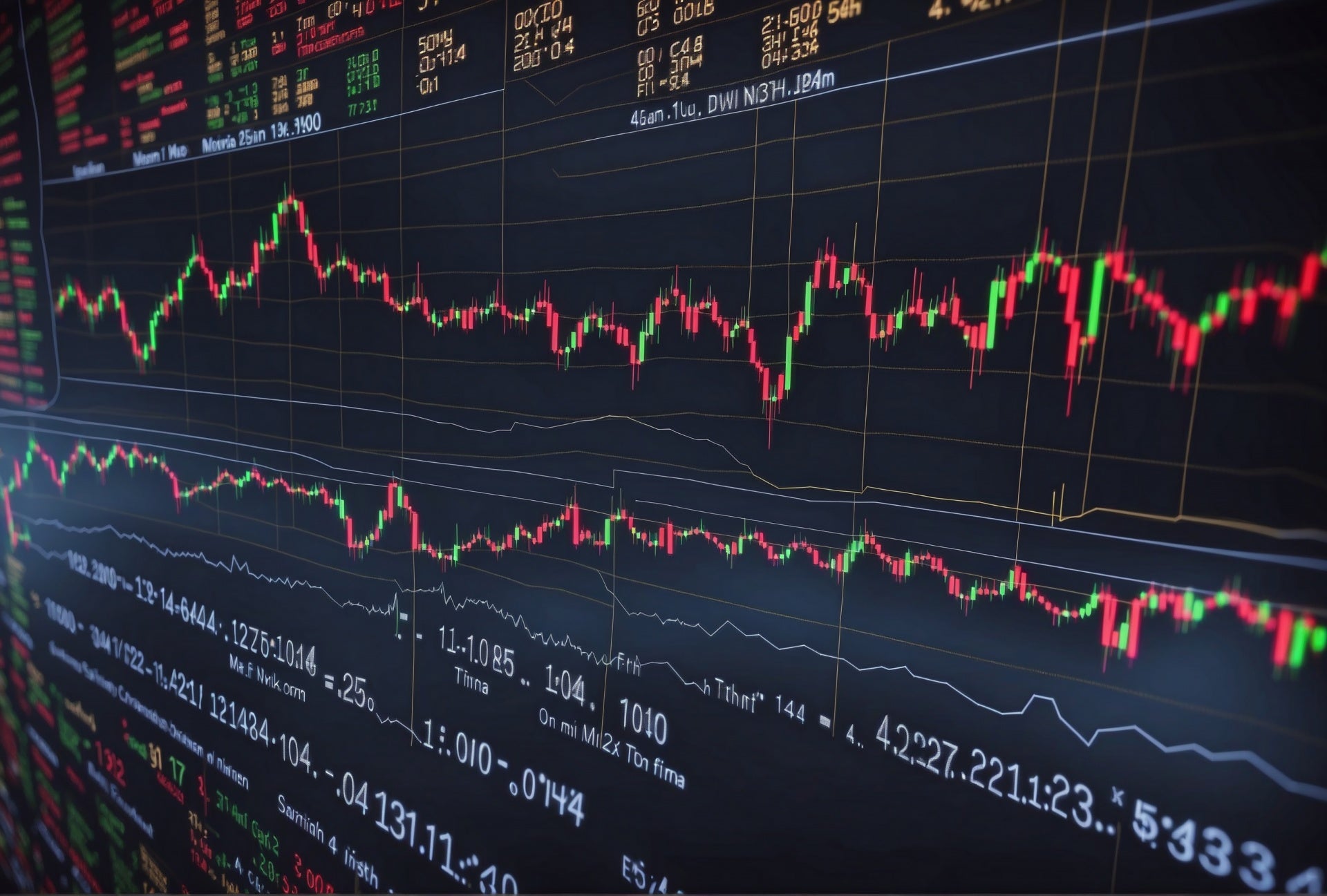Red and green candlestick trading charts on a dark screen, representing the prediction markets industry