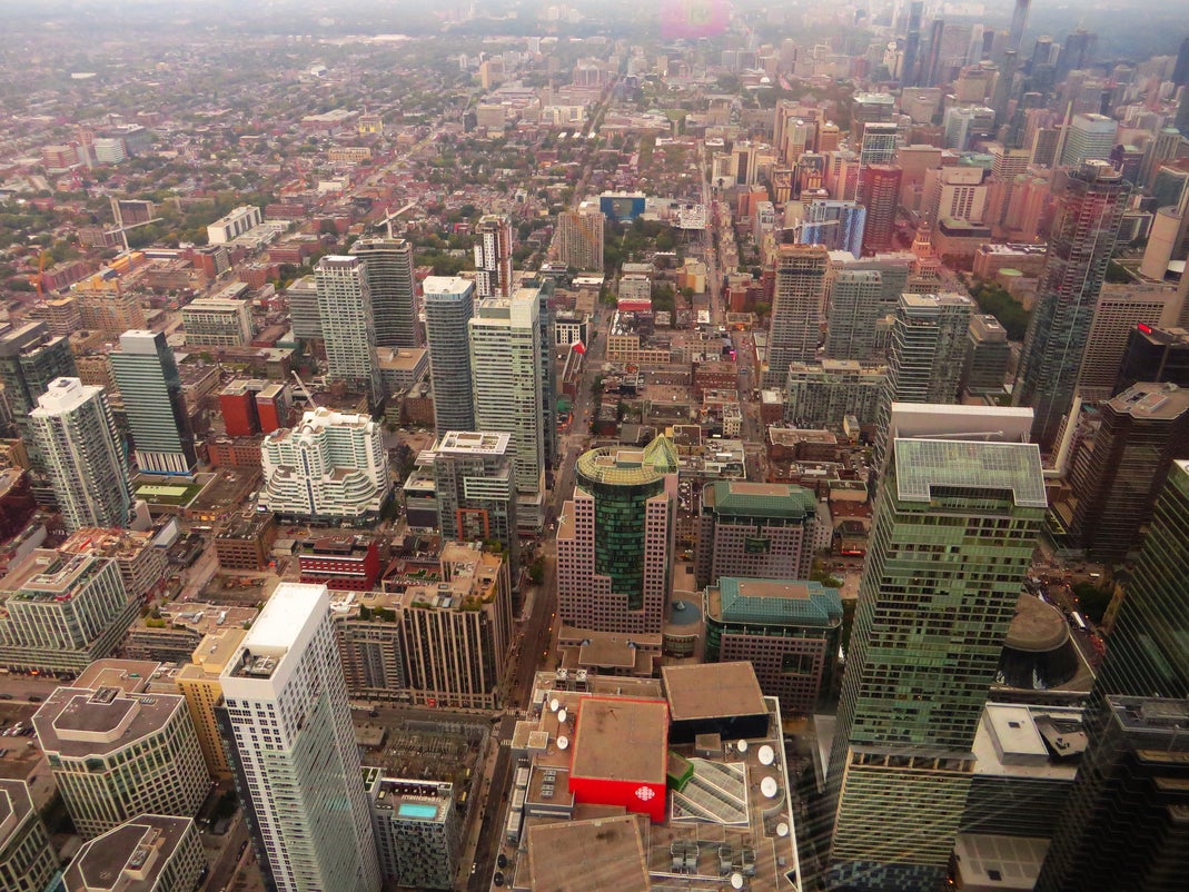 Downtown Toronto Skyline from CN Tower Aerial View Aerial view of downtown Toronto skyline from the CN Tower showing high-rise buildings and financial district