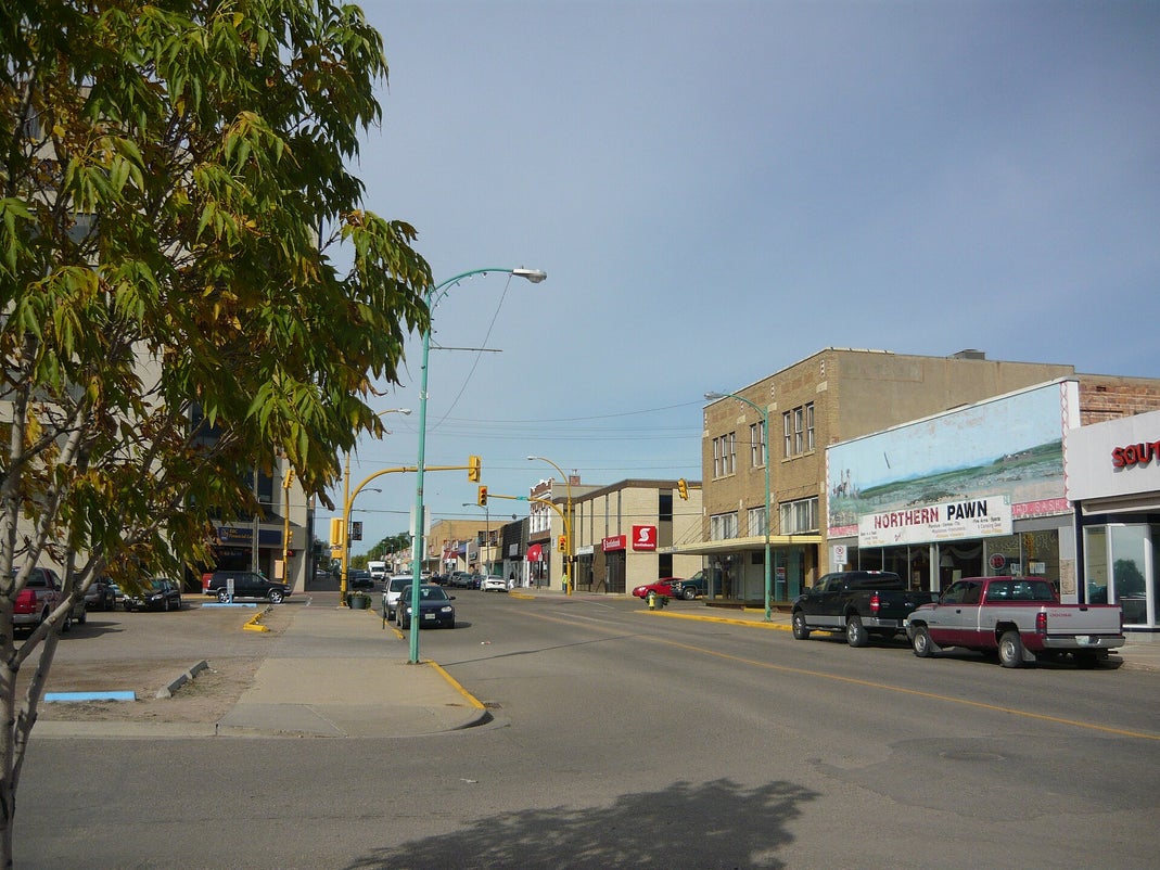 101st Street in downtown North Battleford, Saskatchewan, showing local businesses along a quiet main street.