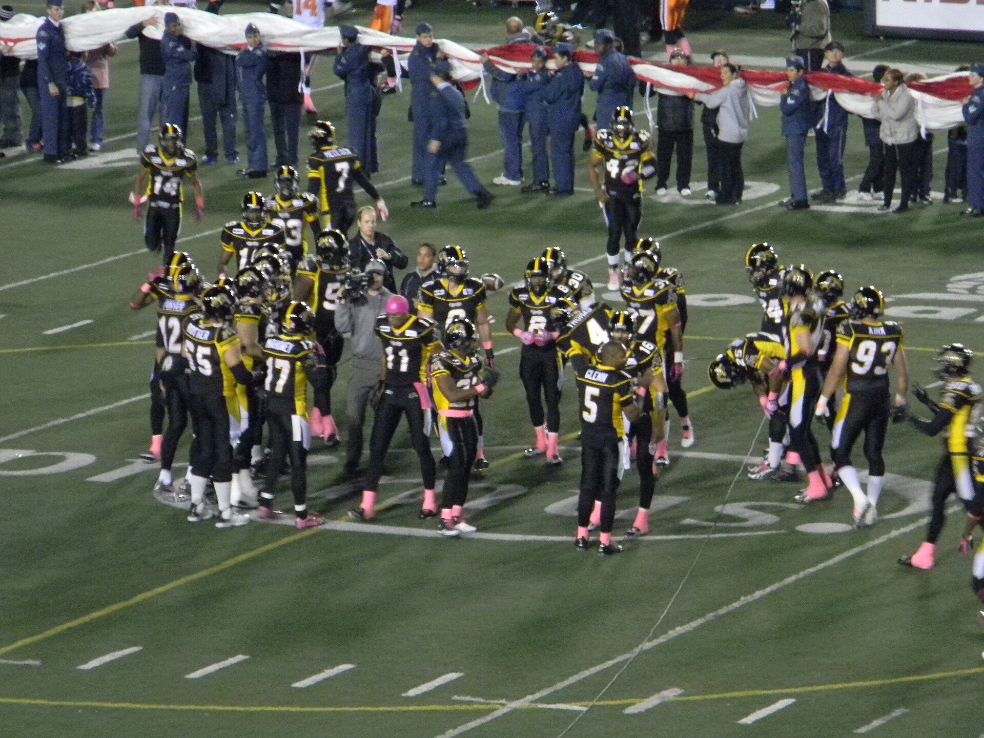 Hamilton Tiger-Cats players gathered on the field during a CFL game night