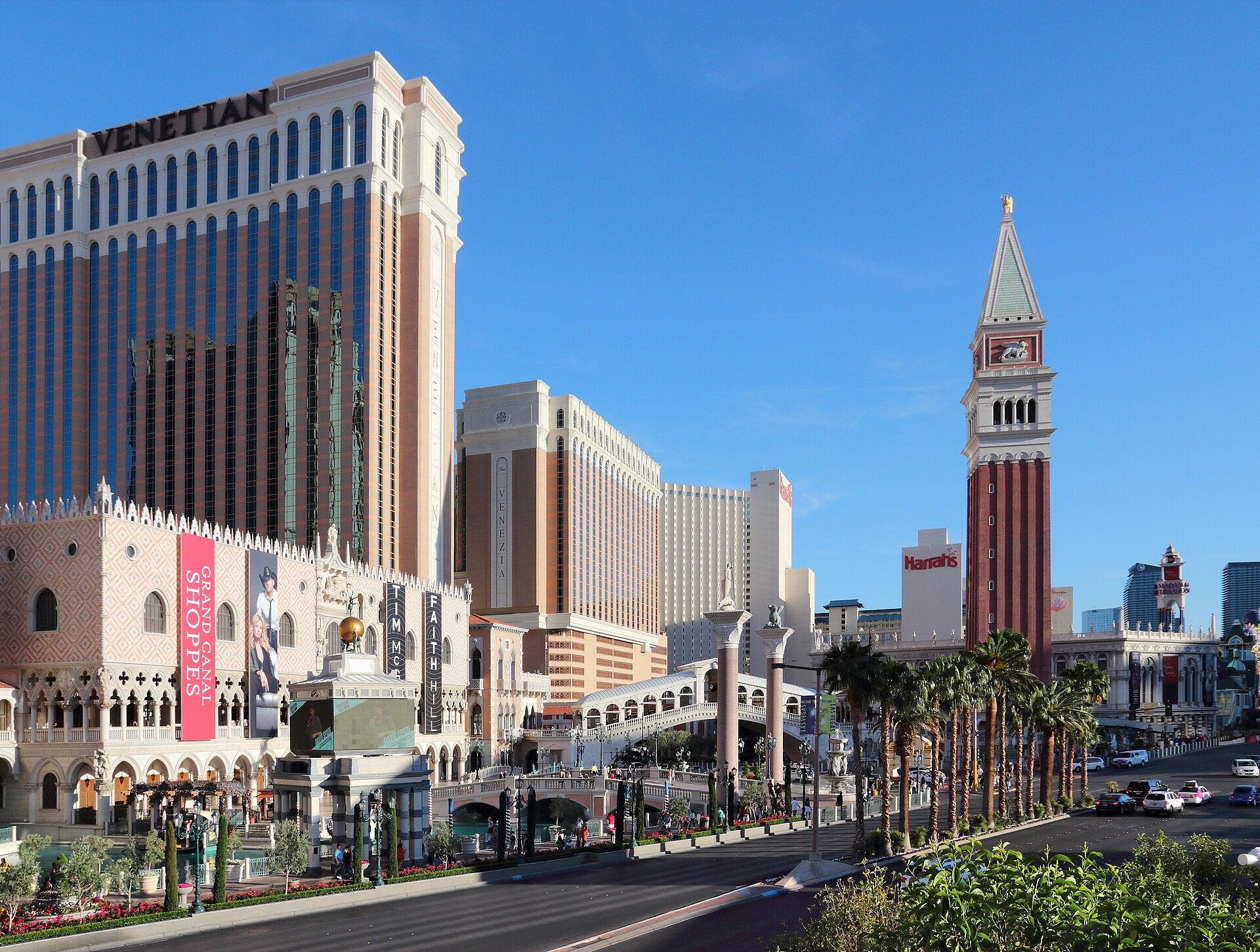 The Venetian Las Vegas on the Strip, with its bell tower and Rialto Bridge replica, home to G2E 2026 host venue The Venetian Expo