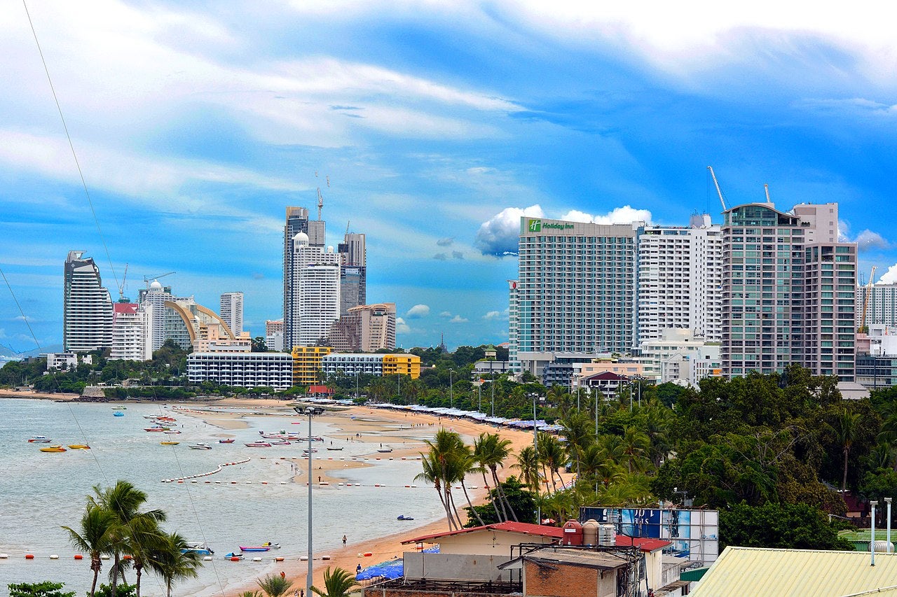 Coastal skyline and beachfront of Pattaya in Thailand with hotels and seaside buildings