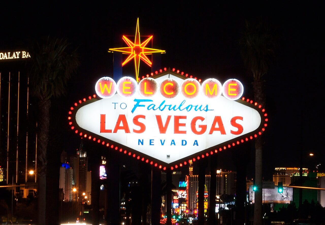 Welcome to Fabulous Las Vegas sign illuminated at night on the Las Vegas Strip in Nevada