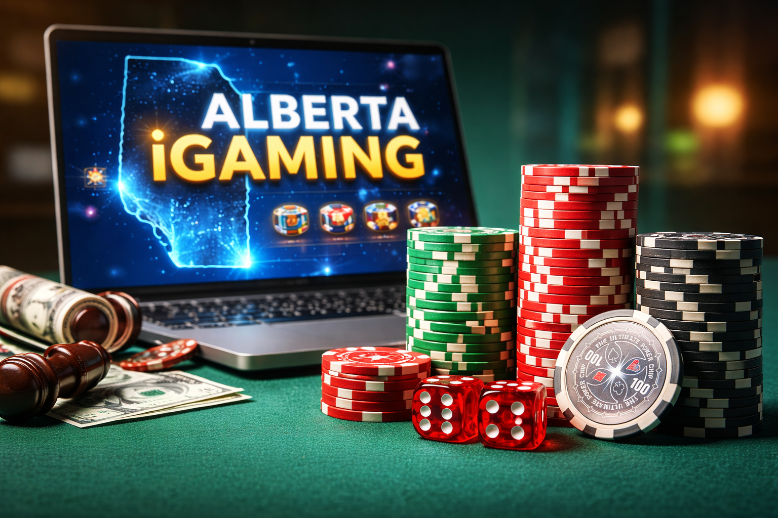 Laptop displaying Alberta iGaming with casino chips, dice, cash, and a gavel on a table