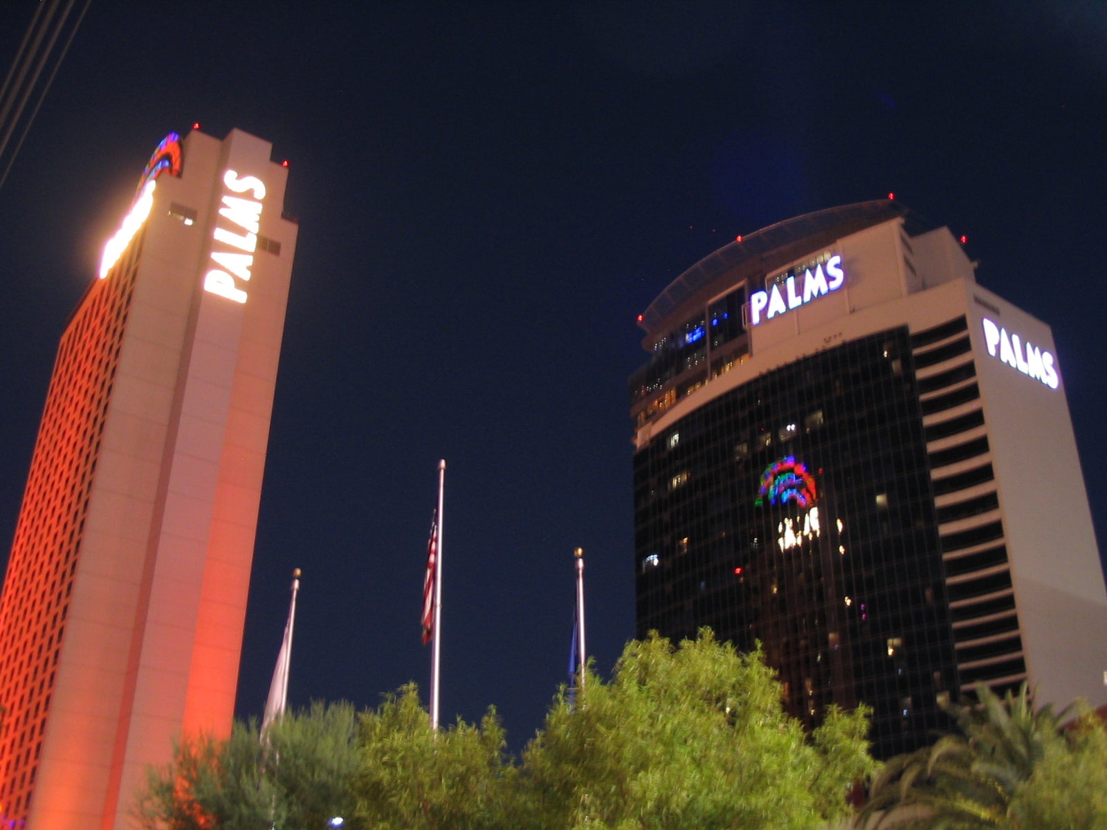 Palms Casino Resort towers lit up at night in Las Vegas, Nevada
