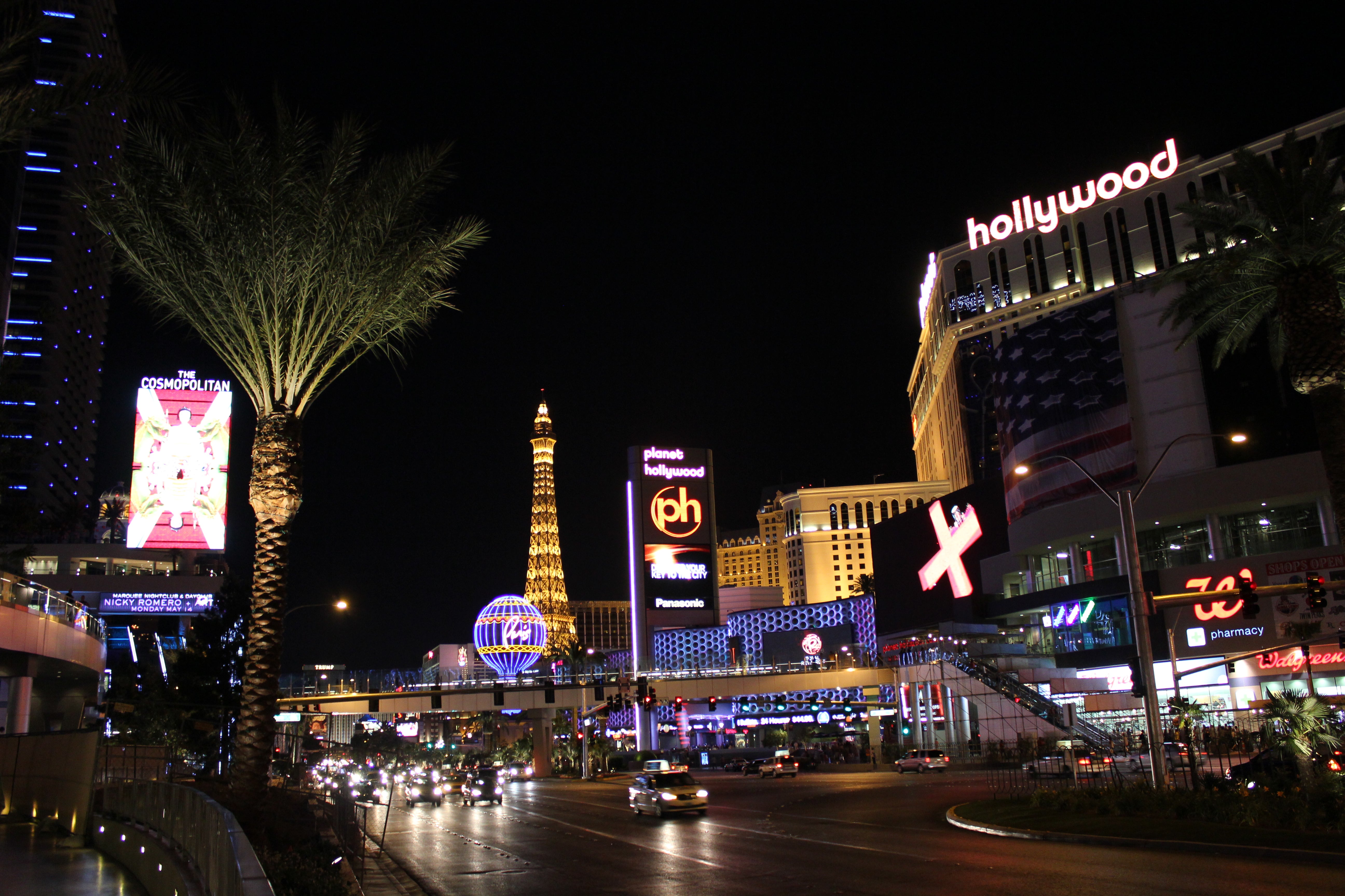 Nevada Black Book Removes Two Deceased Mob-Linked Figures Las Vegas Strip at night with Planet Hollywood and Paris Las Vegas lit up along the boulevard