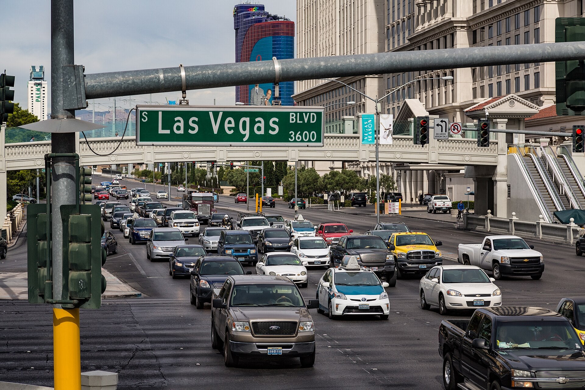 Las Vegas Visitation Falls 7.5% in 2025 Tourism Report Traffic backed up on Las Vegas Boulevard near the Strip with a South Las Vegas Blvd street sign overhead