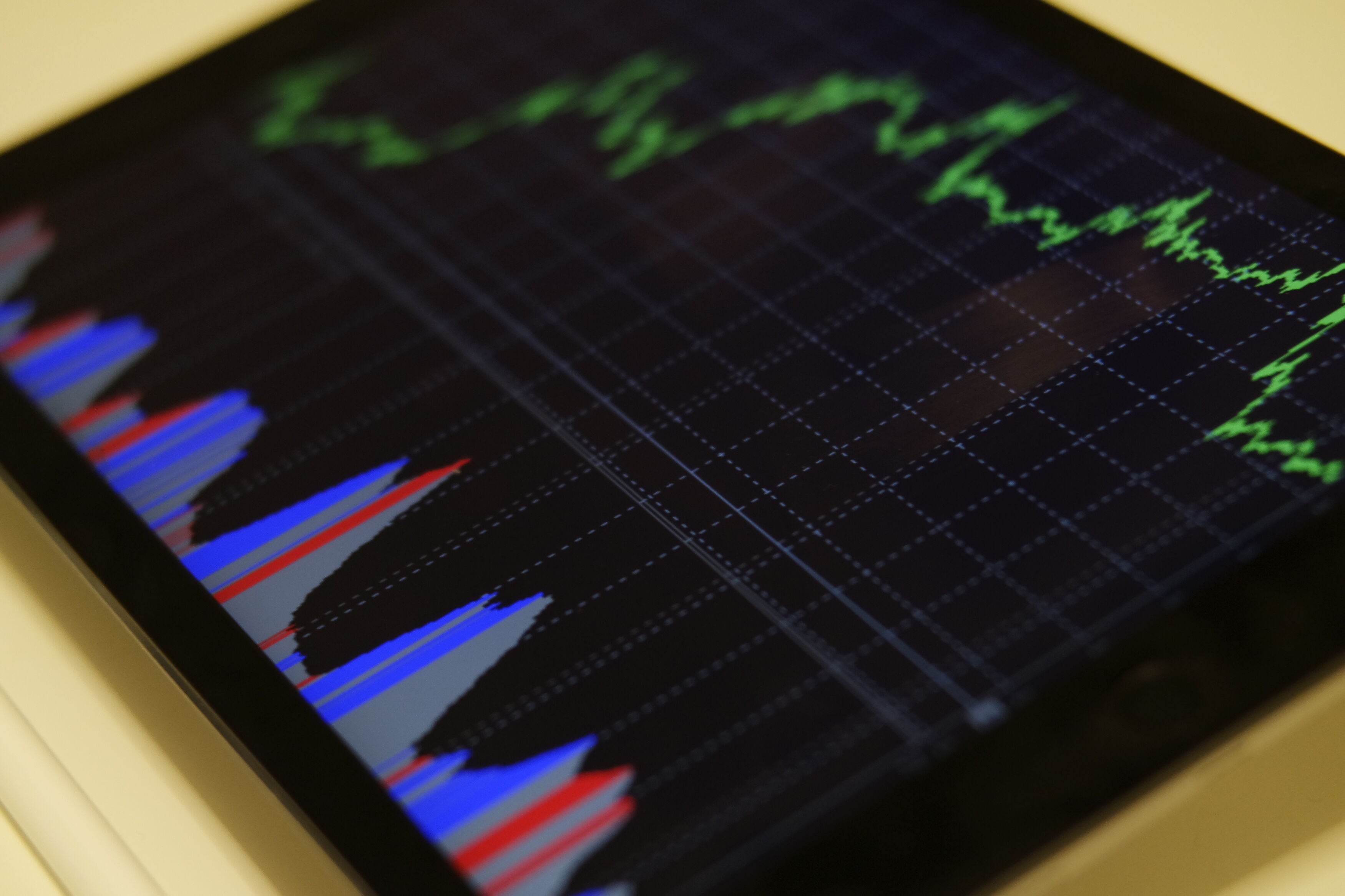 Prediction Markets Face United Front From Casinos at G2E Trading charts with a green price line and red and blue volume bars on a tablet screen, representing prediction market activity