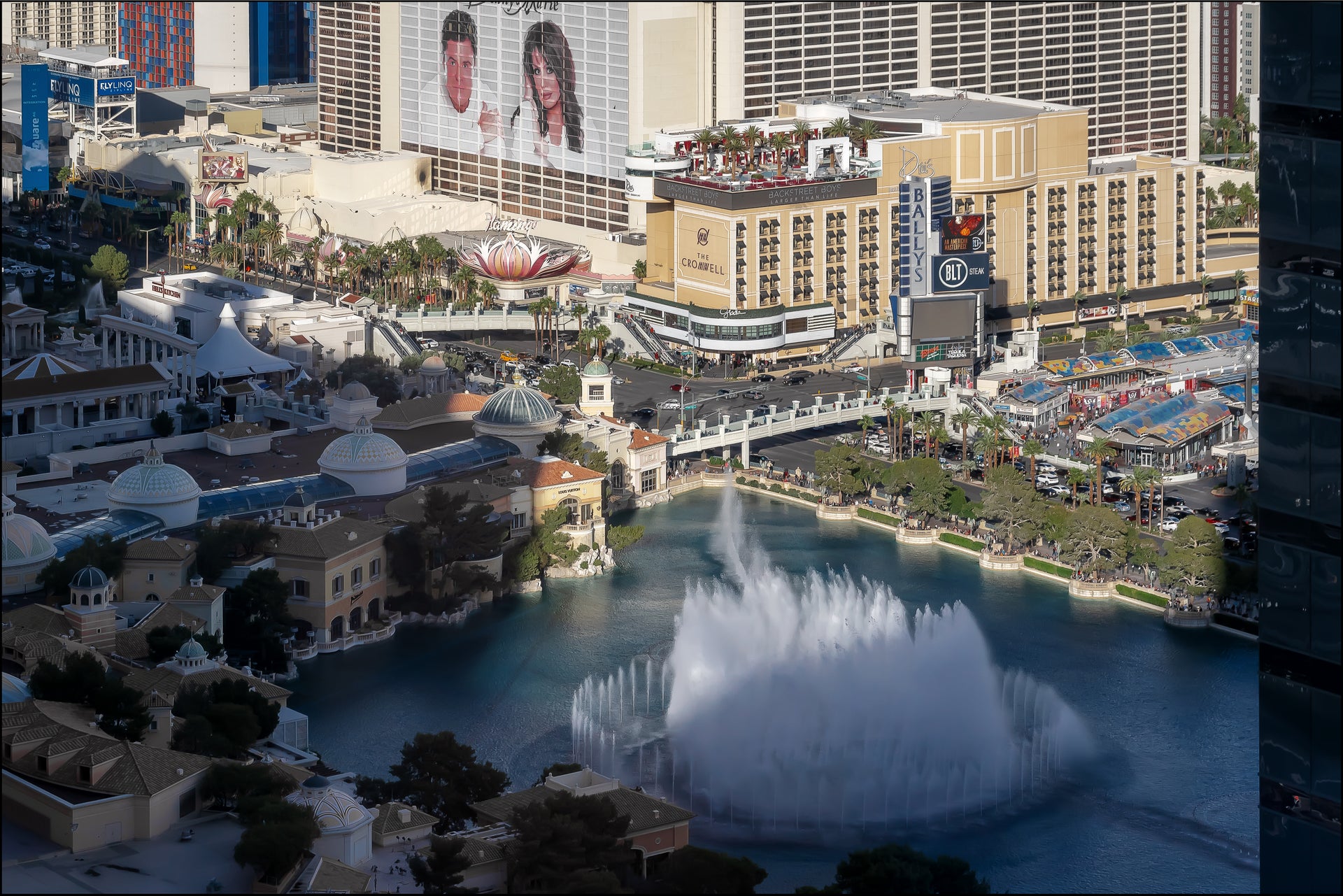 Aerial view of the Las Vegas Strip showing the Bellagio fountains and The Cromwell hotel at Flamingo Road