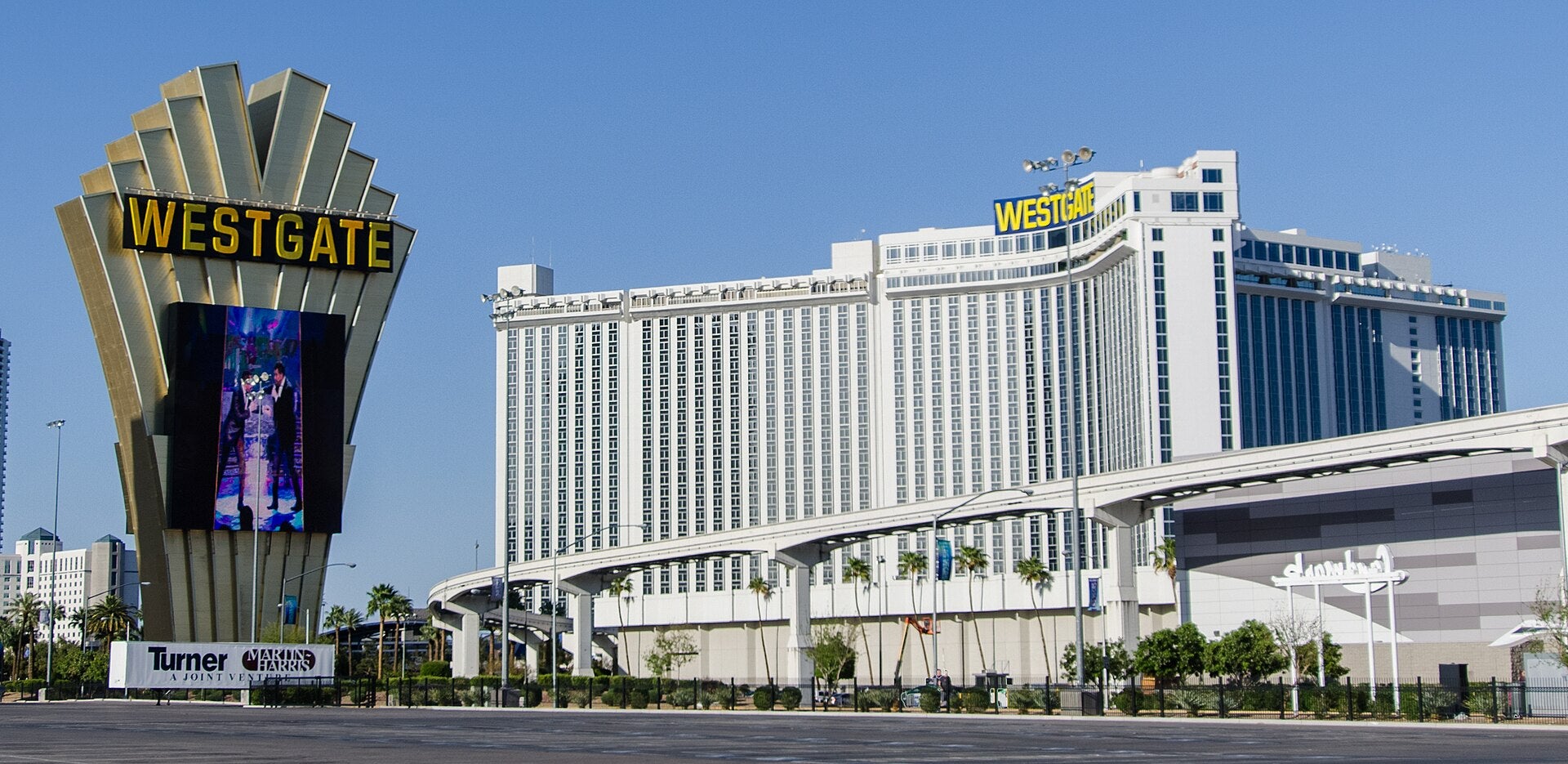 Exterior view of Westgate Las Vegas Resort & Casino with its iconic signage tower in Winchester, Nevada
