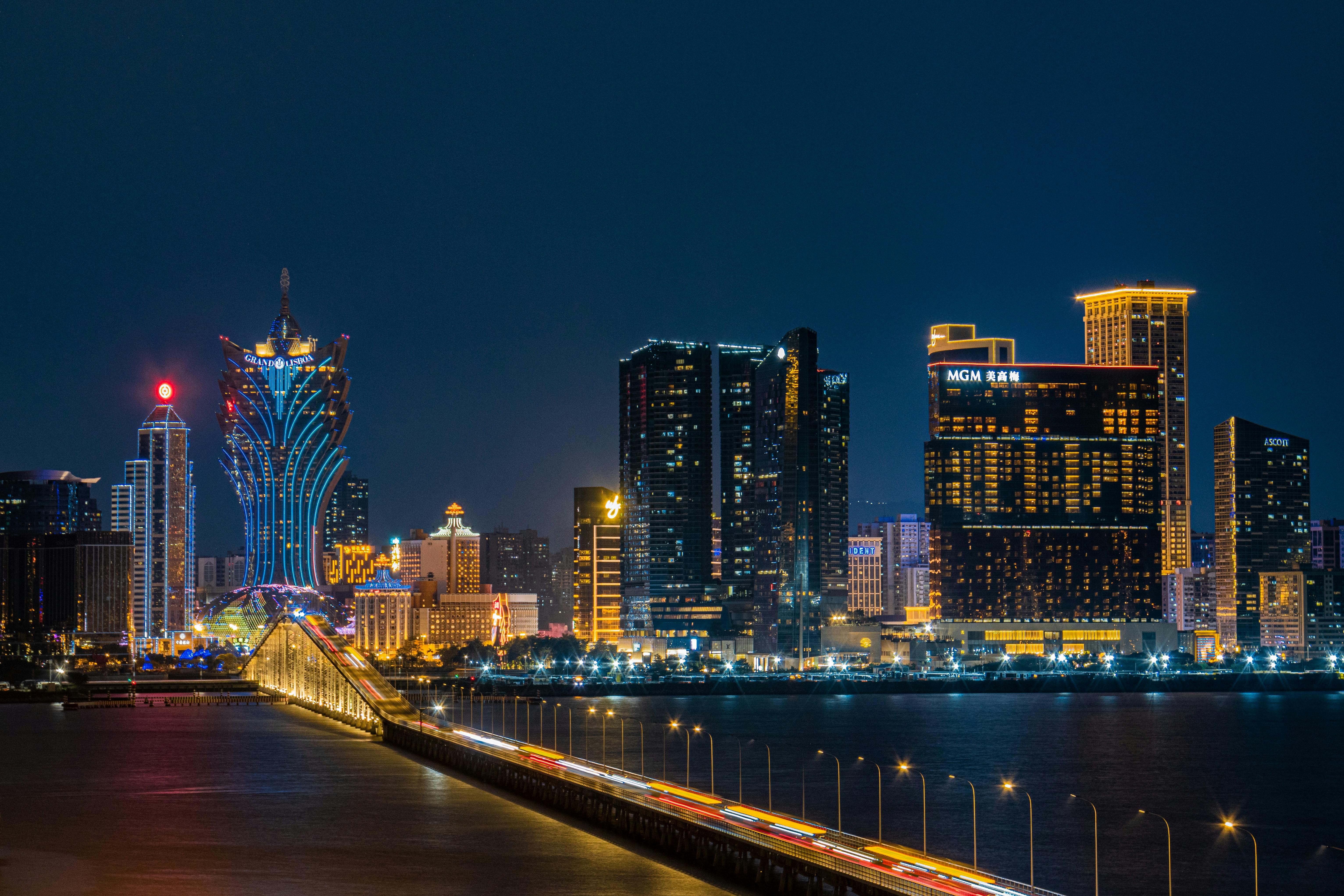 Stunning Night View of Macau Skyline with Illuminated Hotels - pexels.com Macau Skyline at Night