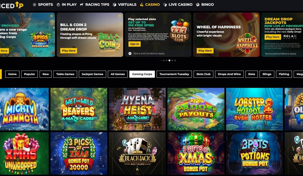 PricedUp casino A screenshot of Priced Up casino showing Gaming Corps games listed