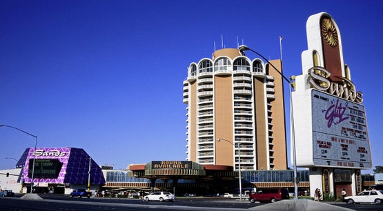 Exterior view of the historic Sands Hotel and Casino building and sign in Las Vegas