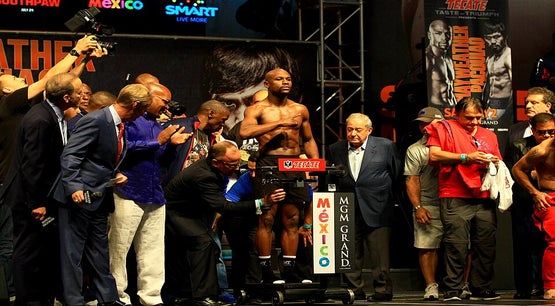 Floyd Mayweather Jr. during the official weigh-in for his May 2, 2015 fight against Manny Pacquiao at MGM Grand Las Vegas