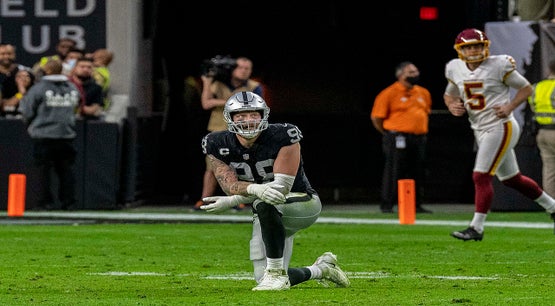 Maxx Crosby of the Las Vegas Raiders reacts during a game against the Washington Football Team in December 2021