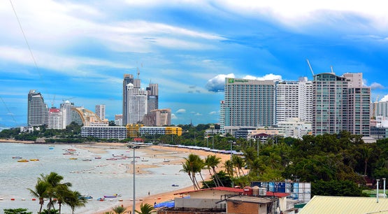 Coastal skyline and beachfront of Pattaya in Thailand with hotels and seaside buildings