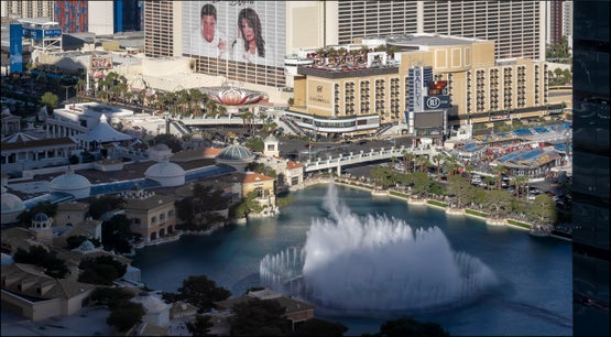 Aerial view of the Las Vegas Strip showing the Bellagio fountains and The Cromwell hotel at Flamingo Road