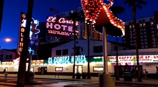 El Cortez Hotel and Casino neon sign illuminated at night on Fremont Street in downtown Las Vegas