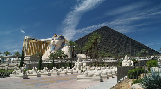 Luxor Hotel and Casino pyramid and sphinx on the Las Vegas Strip under a blue sky
