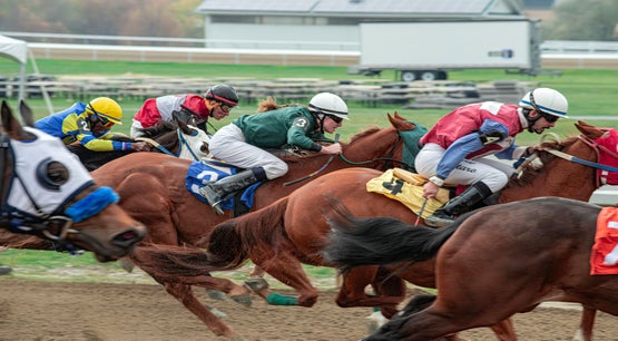 Jockeys riding horses in a close competitive race at a racetrack