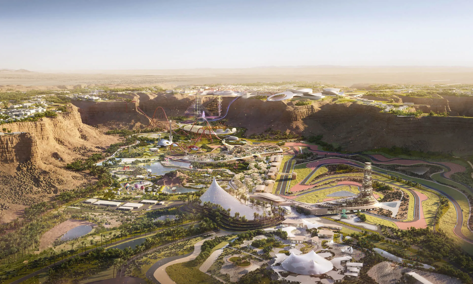 Aerial illustration of Qiddiya City entertainment megaproject in Saudi Arabia, showing rides, tracks, and green landscaped valley