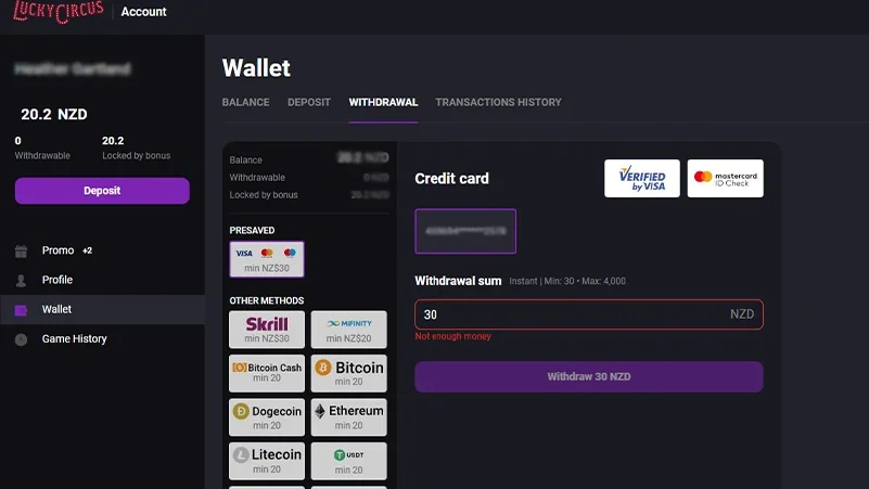 Lucky Circus Screenshot withdrawal attempt