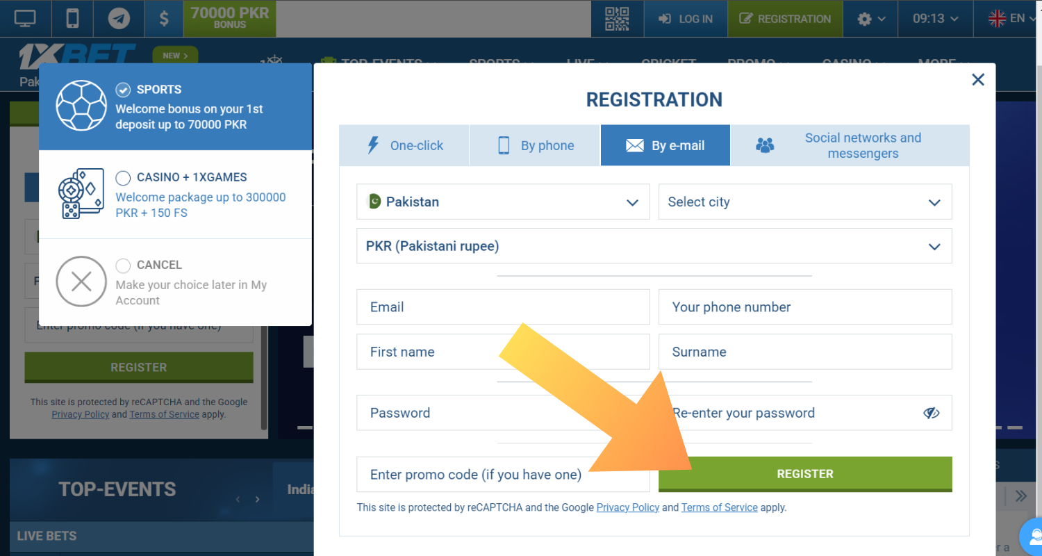 1xbet registracion step 3