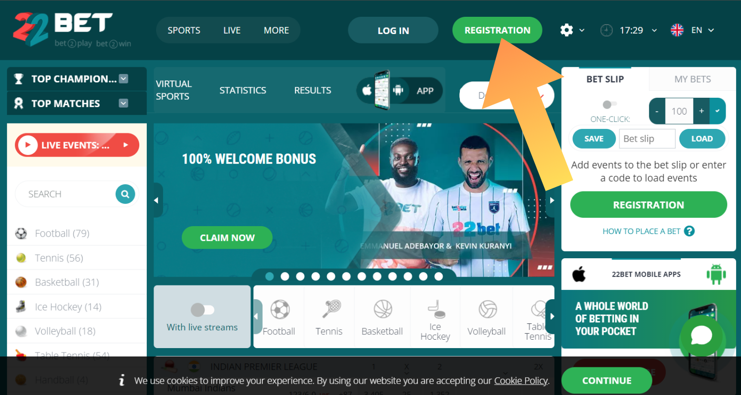 22bet registracion step 1