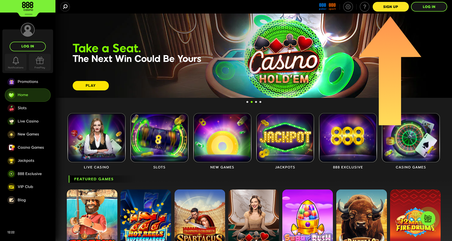 Click the register button at 888casino