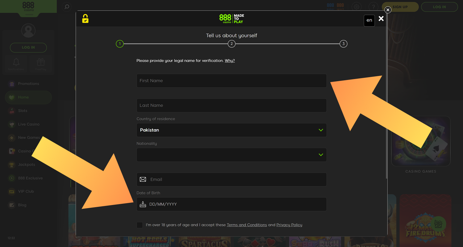 Complete the 888casino registration form